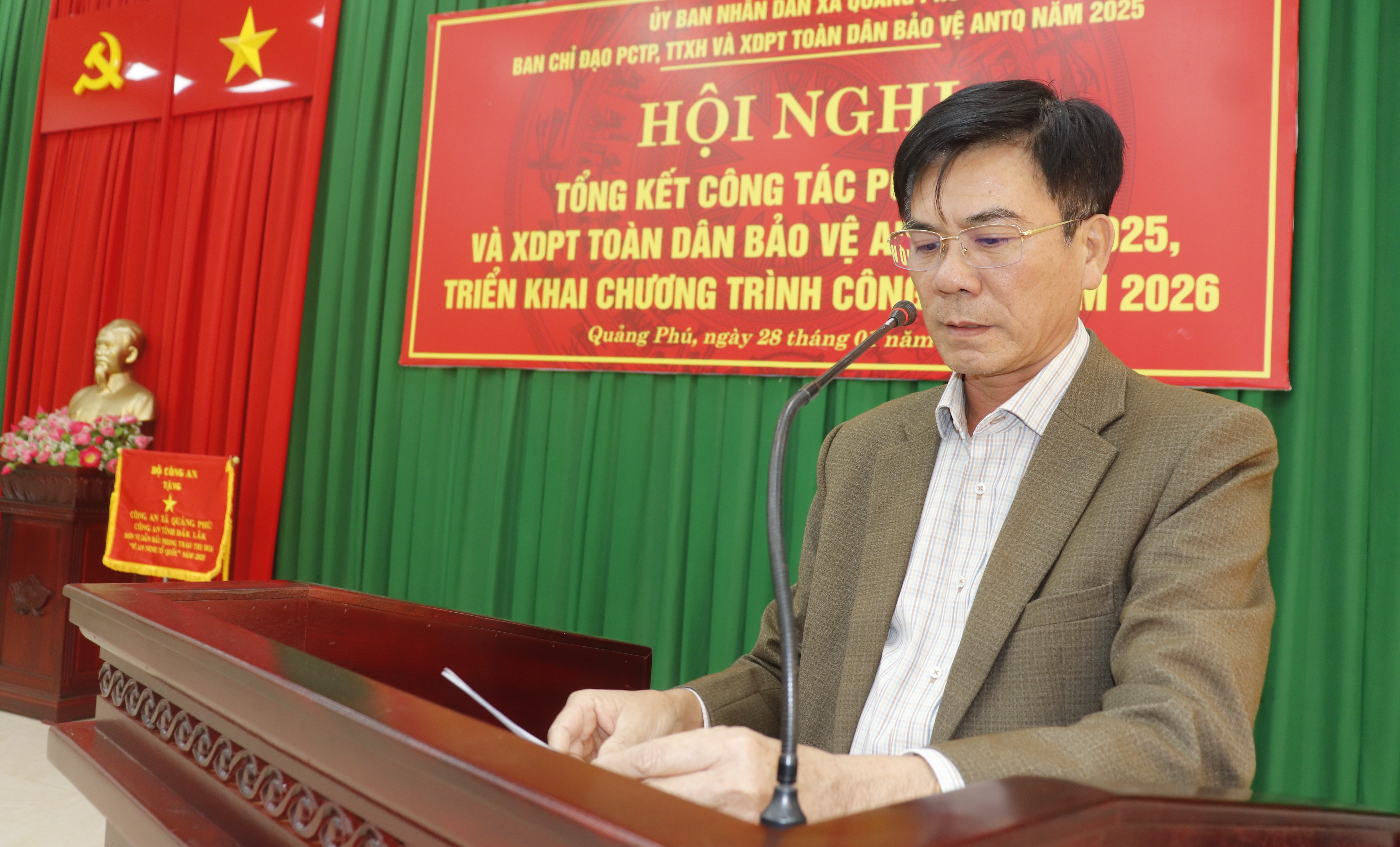 Công an xã Quảng Phú tổ chức hội nghị tổng kết công tác phòng chống tội phạm, trật tự xã hội, và xây dựng phong trào toàn dân bảo vệ an ninh Tổ quốc năm 2025, triển khai chương trình công tác năm 2026